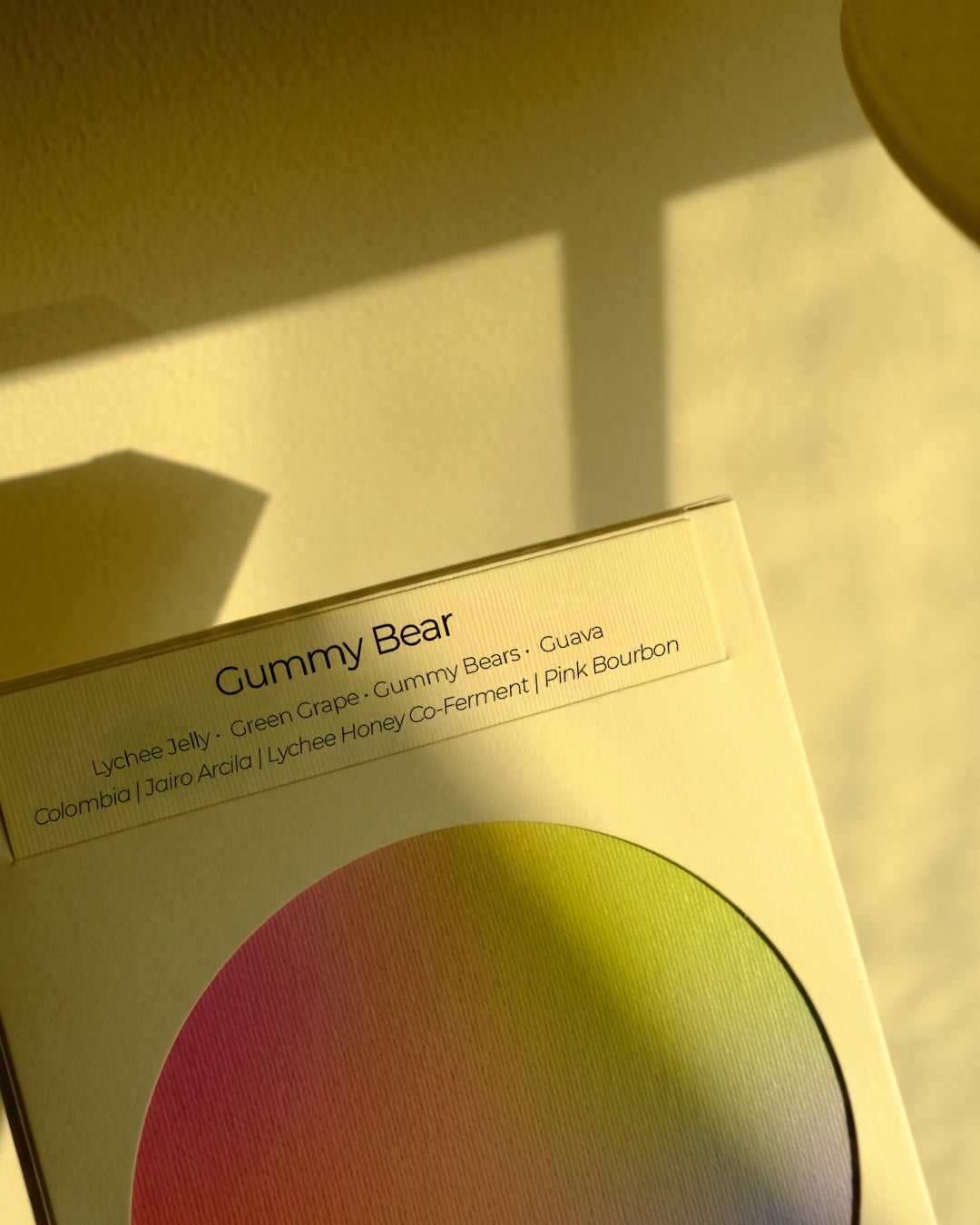 Gummy Bear bag with title detail in warm afternoon light