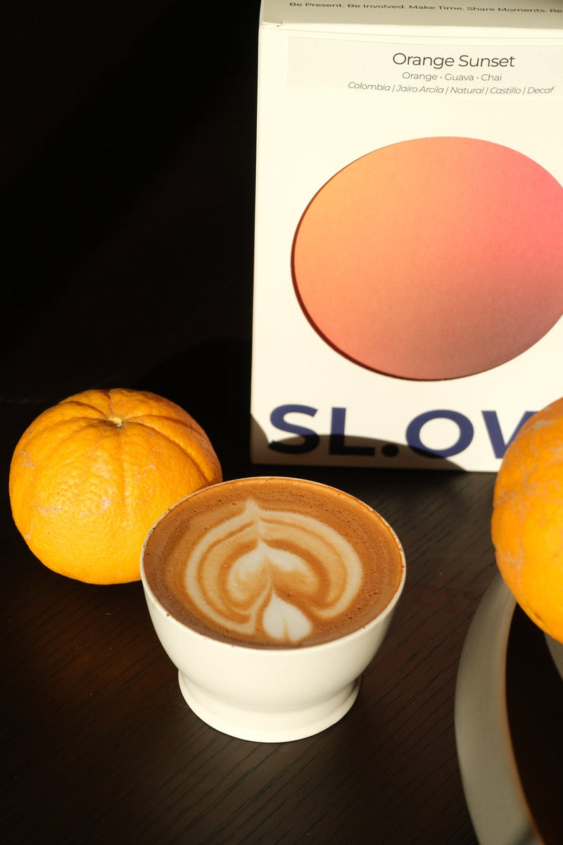 Orange Sunset — latte, box and oranges (upright)