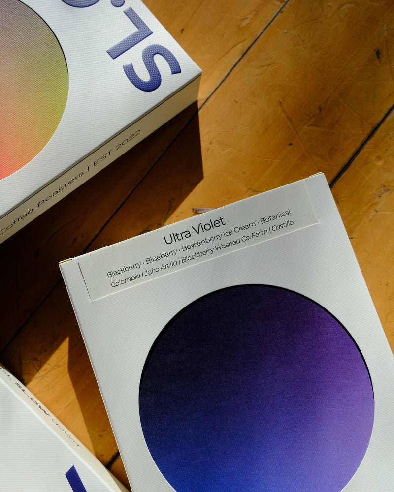Ultra Violet label and gradient dot, close up